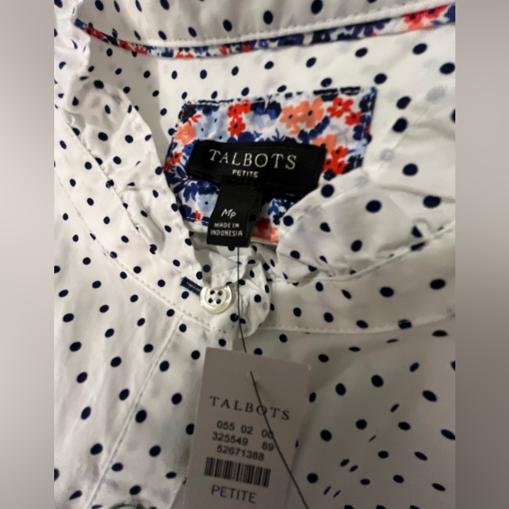NWT Talbots Blouse White Popover Ruffle Neck Polka Dot Long Sleeve Size M Petite - Picture 8 of 12
